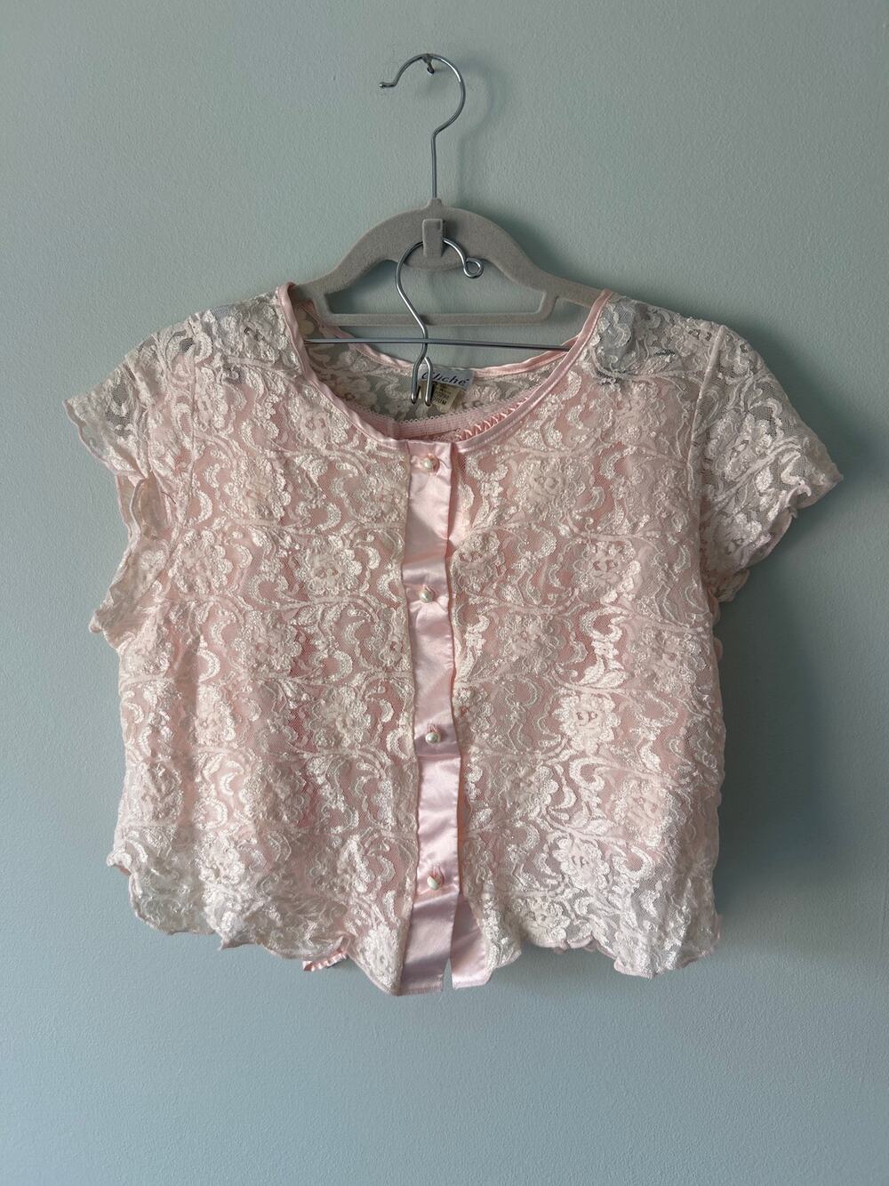 VTG Cliche Pink Lace Short Sleeve and Shorts Pajama Set Made in the USA Medium